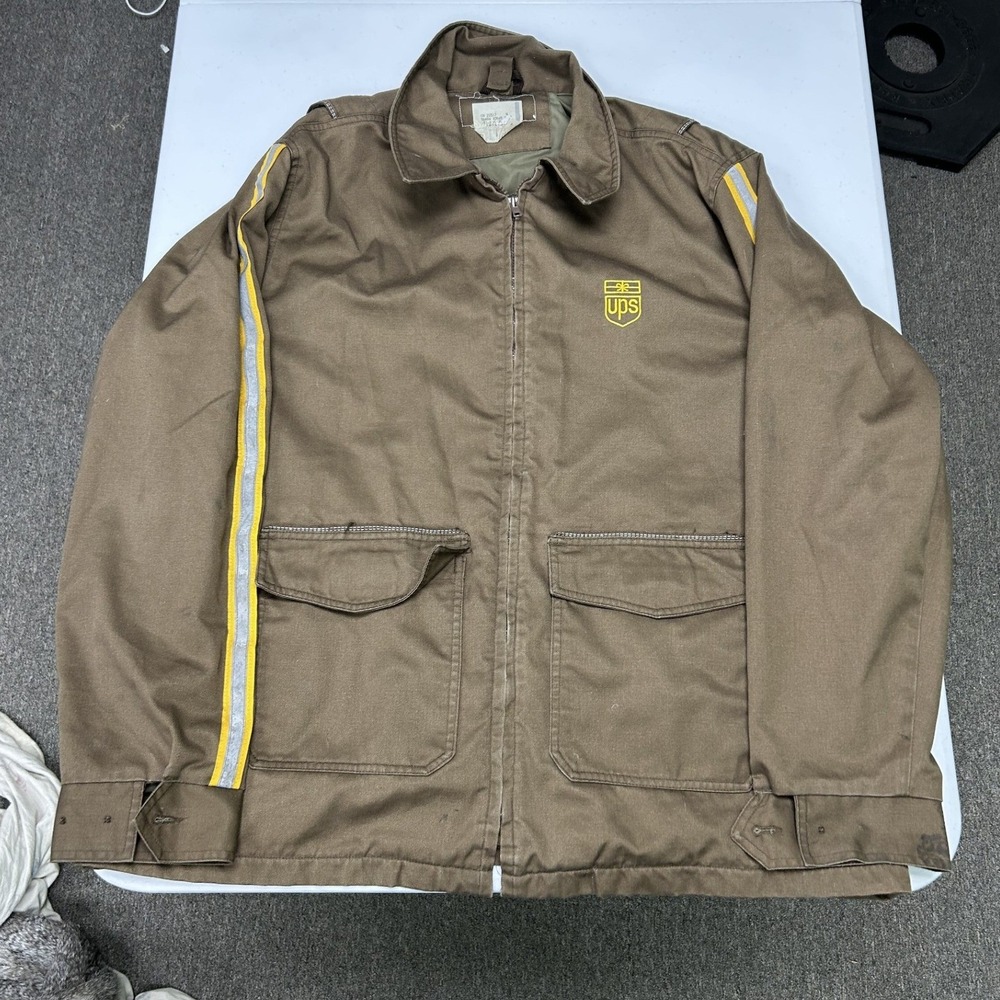 90s UPS Workwear Jacket Mens XL Brown Reflective Stripe Full Zip Uniform Utility